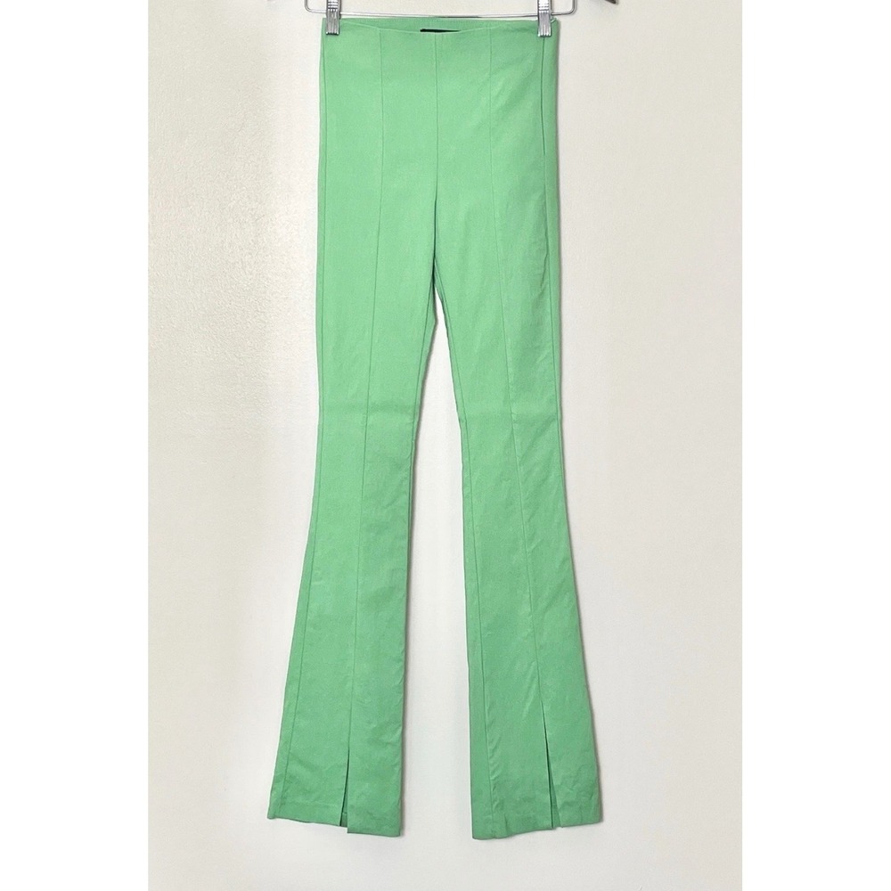 Zara High Waisted Flare Leg Pants Women's XS Green Side Zip Hem Slit